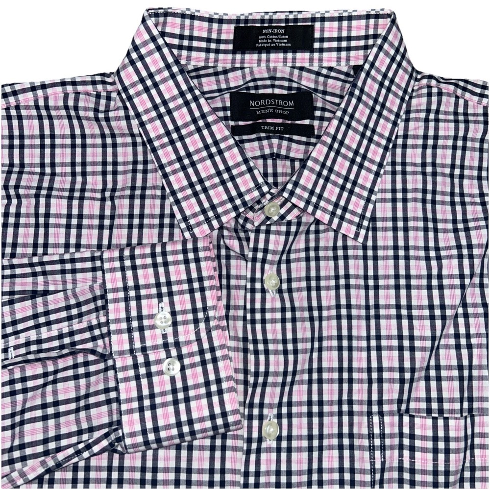 Nordstrom Men's Shop Trim Fit Men's 17.5‎  34-35 Pink Black White Button Up READ
